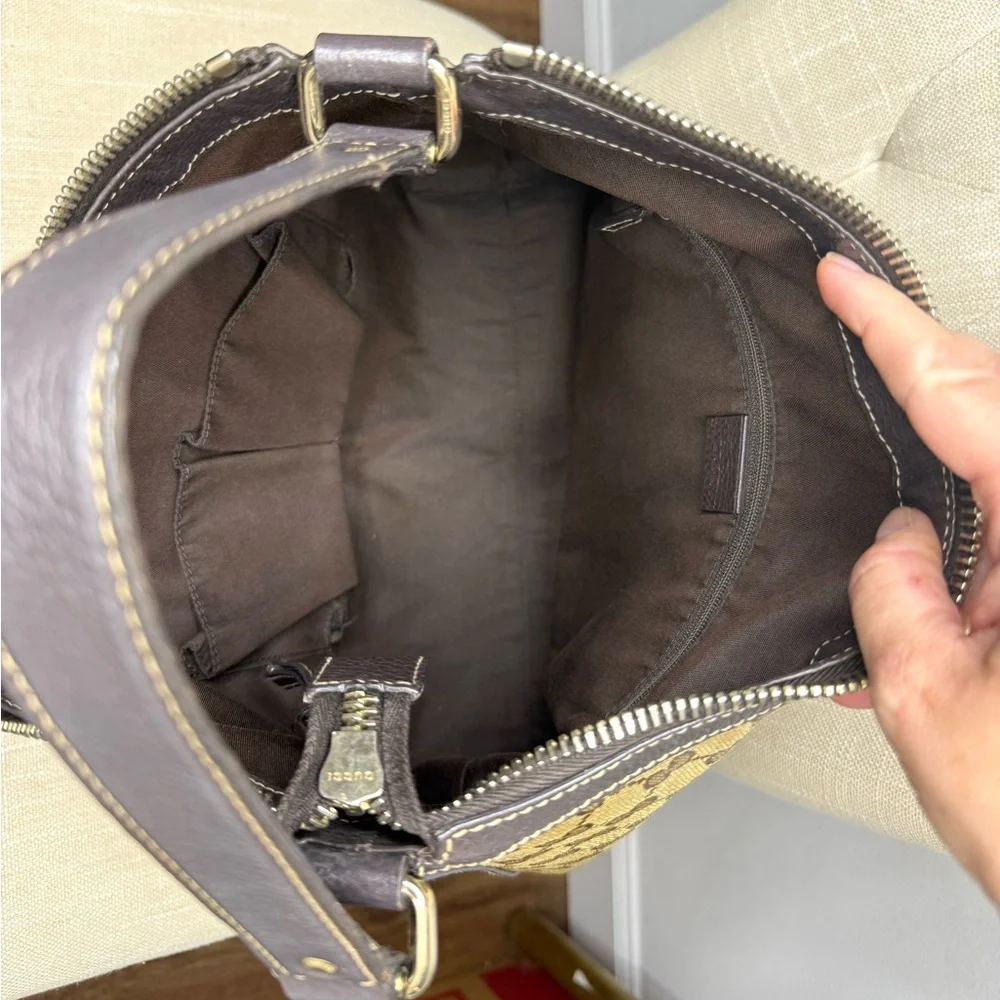 Authentic Gucci GG Crystal Canvas Hobo bag leather trims gold hardware